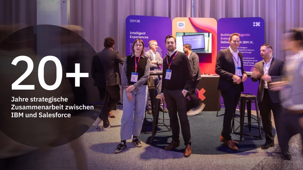 IBM iX and Salesforce experts collaborating at an industry event, showcasing over 20 years of Salesforce innovation, enterprise integration, and technology expertise.