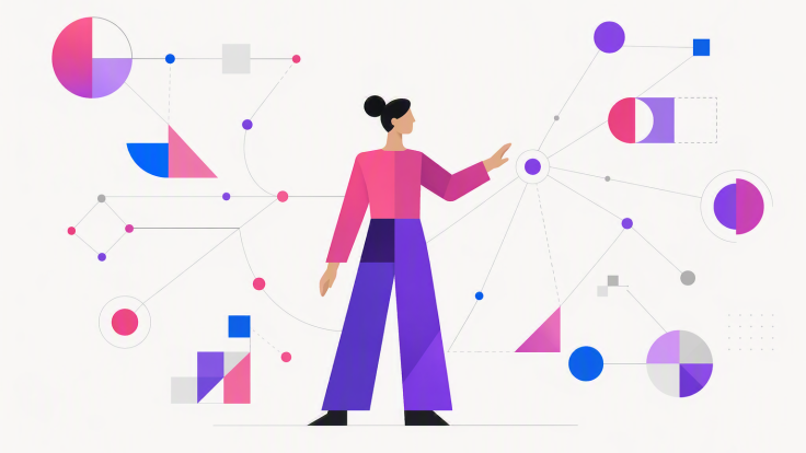 Illustration of a marketing professional interacting with connected data, charts, and digital elements, representing future-proof marketing skills, AI, data analytics, and digital transformation.