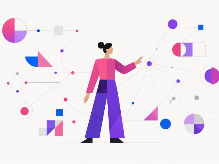 Illustration of a marketing professional interacting with connected data, charts, and digital elements, representing future-proof marketing skills, AI, data analytics, and digital transformation.